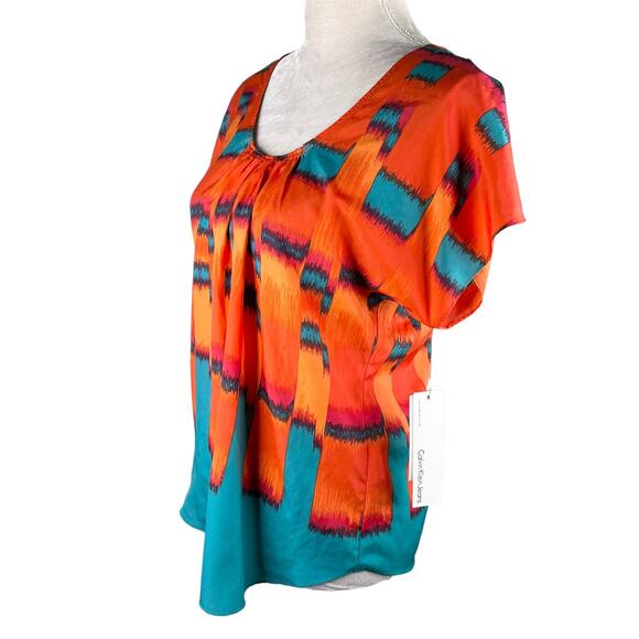 Calvin Klein Firecracker Blouse Small Orange Teal Short Sleeves New - Picture 3 of 12